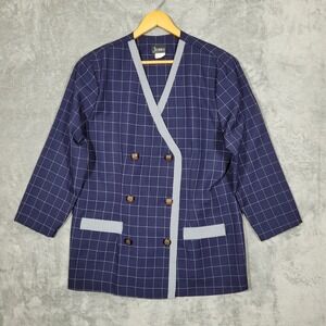 Vintage Jenny Made in USA Blazer Jacket Size 18 Navy White Plaid Double Breasted